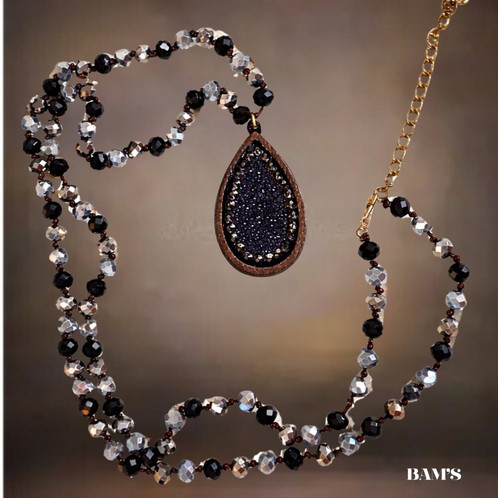 Black Druzy Teardrop Necklace 18” + Extender Gold Tone Beaded Statement